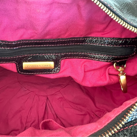 ISABELLA FIORE Black Patent Leather w Pink Stitches Side Pockets Domed Boho Tote - Picture 12 of 15